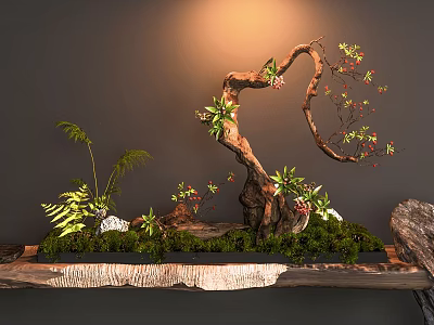 Decorative Indoor Landscape with Withered Trunk Ferns Moss and Small Stones Under Warm Illumination 3d model