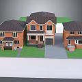 Three Brick Residential Houses Exterior With Green Lawn And Gray Driveway