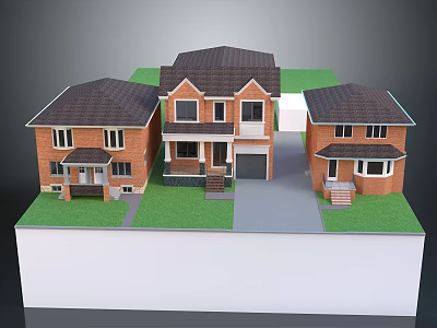 Three Brick Residential Houses Exterior With Green Lawn And Gray Driveway 3d model