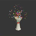White Vase With Red Ribbon And Scattered Red Petals On Dark Surface