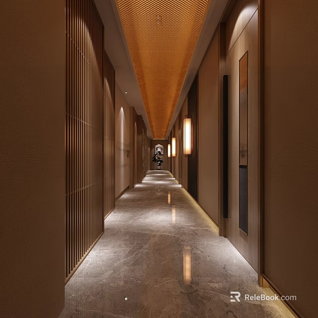 Hotel Corridor Interior With Warm Lighting And Marble Floor 3d model