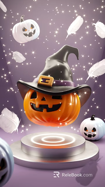 Halloween Decorative Ornament Set with Jack o lantern Witch Hat Small Pumpkin Feathers and Stars 3d model 