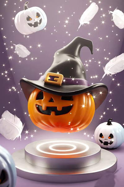 Halloween Decorative Ornament Set with Jack o lantern Witch Hat Small Pumpkin Feathers and Stars 3d model