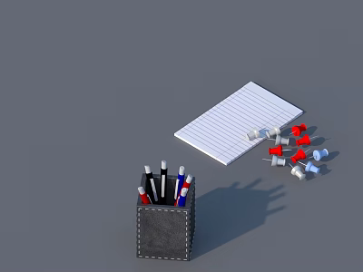 Swing Door Office Supplies Setup With Pen Holder White Paper And Push Pins 3d model