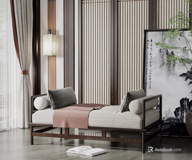 Modern Chinese Style Daybed With Gray Cushions Pink Blanket Wooden Slat Wall And Landscape Painting 3d model 