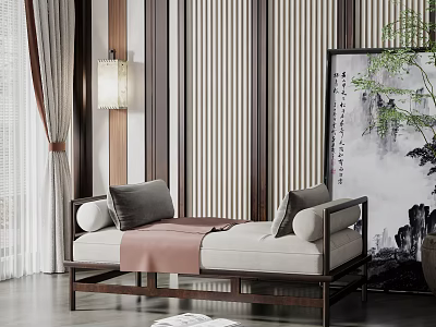 Modern Chinese Style Daybed With Gray Cushions Pink Blanket Wooden Slat Wall And Landscape Painting 3d model