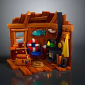 Wooden Cabin Interior With Vintage Decor Lifebuoy Fishing Net Stove And Hanging Coat