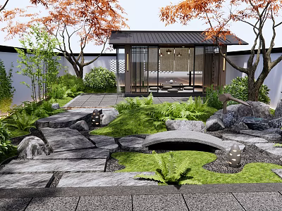 Traditional Karesansui Japanese Garden with Stones Moss Pathway Maple Trees and Wooden Pavilion 3d model