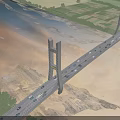 Aerial View Of Cable Stayed Bridge Over River With Vehicles And Greenery