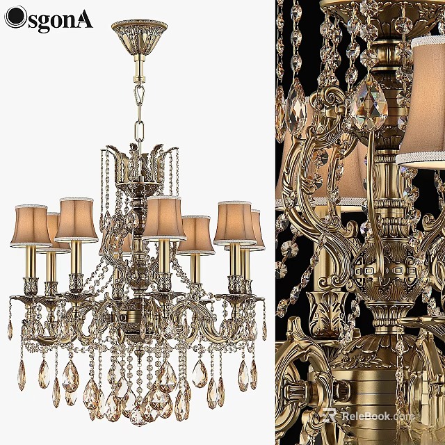 Elegant Vintage Chandelier With Crystal Drops Metal Frame And Fabric Shades 3d model 