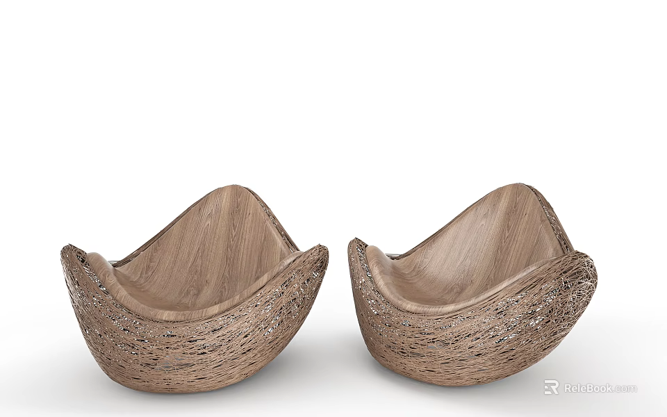 Two Unique Brown Leisure Chairs With Wooden Frame And Woven Texture Design 3d model 