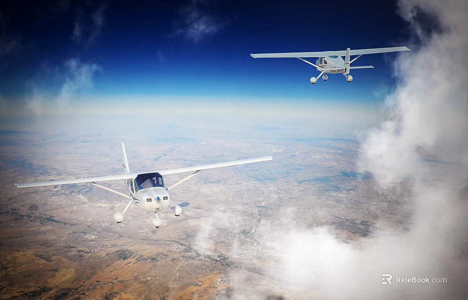 Two Passenger Planes Flying In Blue Sky With White Clouds Over Scenic Landscape Below 3d model 