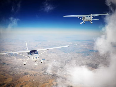 Two Passenger Planes Flying In Blue Sky With White Clouds Over Scenic Landscape Below 3d model