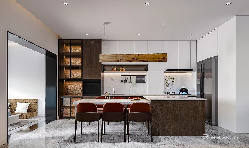 Modern Restaurant Open Kitchen with Island Cabinets Dining Table and Hanging Lights 3d model