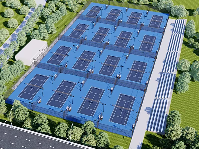 Tennis Court Complex With Blue Surfaces And Landscaped Greenery Trees And Lawns 3d model