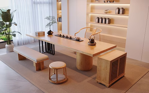 New Chinese-style Log Tea Room Solid Wood Tea Table and Chair Combination Mobile Tea Cabinet Solid Wood Low Stool Storage Tea Cabinet Tea Set Supplies Solid Wood Single Chair Potted Plant Jewelry Ornaments 3d model