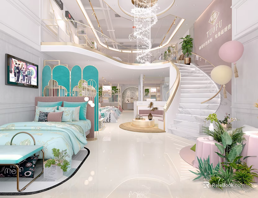 Elegant Kids Boutique Interior With Blue Bed Pink Balloons White Staircase And Green Plants 3d model 