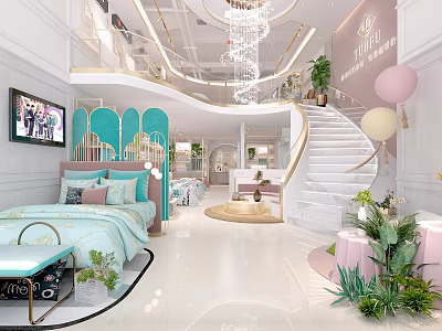 Elegant Kids Boutique Interior With Blue Bed Pink Balloons White Staircase And Green Plants 3d model