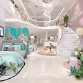 Elegant Kids Boutique Interior With Blue Bed Pink Balloons White Staircase And Green Plants