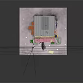 Two Story Residential Building With Red Awning Front Entrance People Figures And Overhead Wires