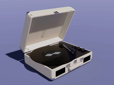 White Suitcase Style Portable Turntable With Vinyl Record And Audio Player 3d model