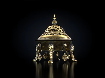 Golden Intricate Carved Ornament Set With Lid And Decorative Legs Shiny Metallic Home Decor 3d model