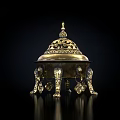 Golden Intricate Carved Ornament Set With Lid And Decorative Legs Shiny Metallic Home Decor