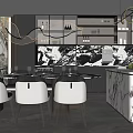 Elegant Modern Restaurant Interior With Open Layout Marble Dining Table Chandelier And Wine Cabinet