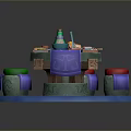 Unique Designed Dining Table With Colorful Green Red Fruits Decor And Blue Base