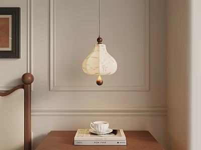Cozy Room Interior With Hanging Pendant Light On Wooden Table And Book With Cup 3d model