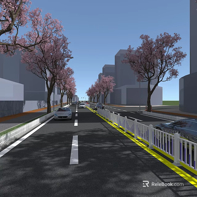Urban Road Infrastructure Featuring Cherry Blossom Trees White Guardrails And Lane Markings 3d model 