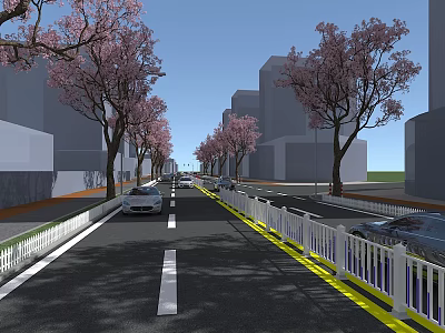 Urban Road Infrastructure Featuring Cherry Blossom Trees White Guardrails And Lane Markings 3d model