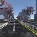 Urban Road Infrastructure Featuring Cherry Blossom Trees White Guardrails And Lane Markings