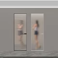 Frosted Striped Glass Door And Transparent Door With Woman Reflection In Modern Interior