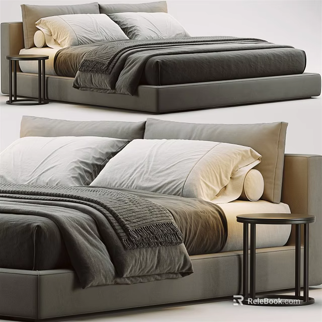 Modern Upholstered Double Bed with Linen Bedding Pillows and Wooden Nightstand 3d model 