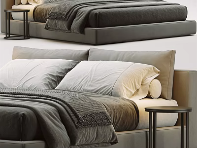 Modern Upholstered Double Bed with Linen Bedding Pillows and Wooden Nightstand 3d model