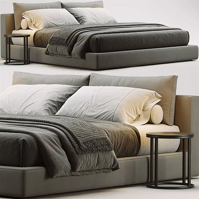 Modern Upholstered Double Bed with Linen Bedding Pillows and Wooden Nightstand 3d model