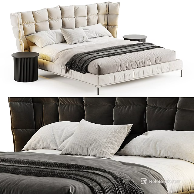 Elegant Double Bed With Upholstered Headboard Soft Blanket Pillows And Side Tables 3d model