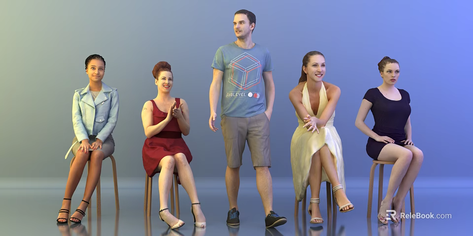 Group of People in Casual Clothing Standing and Sitting During Interactive Gathering 3d model 