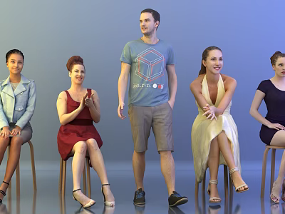Group of People in Casual Clothing Standing and Sitting During Interactive Gathering 3d model