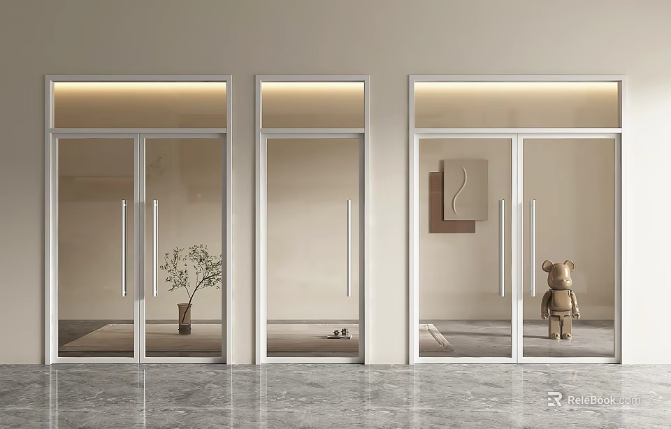 Modern Glass Double Doors Interior With Decorative Plant And Teddy Bear 3d model 
