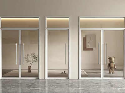 Modern Glass Double Doors Interior With Decorative Plant And Teddy Bear 3d model