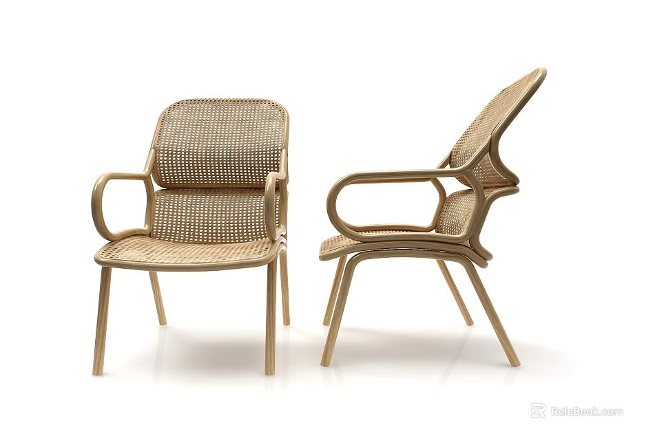 Woven Rattan Leisure Chairs with Armrests Modern Design and Wooden Legs 3d model 