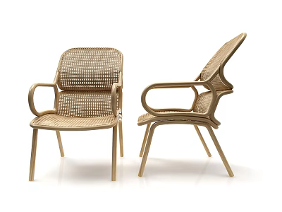 Woven Rattan Leisure Chairs with Armrests Modern Design and Wooden Legs 3d model