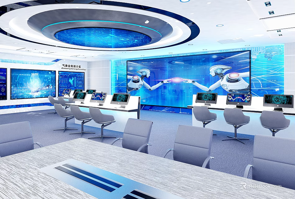 Modern Monitoring Room Featuring Large Screens Displaying Robot Images Control Consoles And Chairs 3d model 