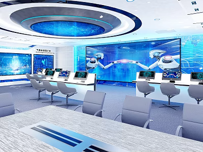 Modern Monitoring Room Featuring Large Screens Displaying Robot Images Control Consoles And Chairs 3d model