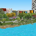 Urban Landscape Garden With Riverside Stones Green Trees Colorful Flowers Pathway And Tall Buildings