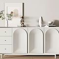 White Entryway Sideboard Cabinet With Arched Doors Drawers And Decorative Plants 3d model