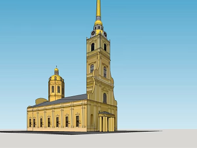 Historic Ancient Building With Yellow Exterior Tower Dome And Spire Against Blue Sky 3d model