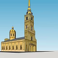 Historic Ancient Building With Yellow Exterior Tower Dome And Spire Against Blue Sky